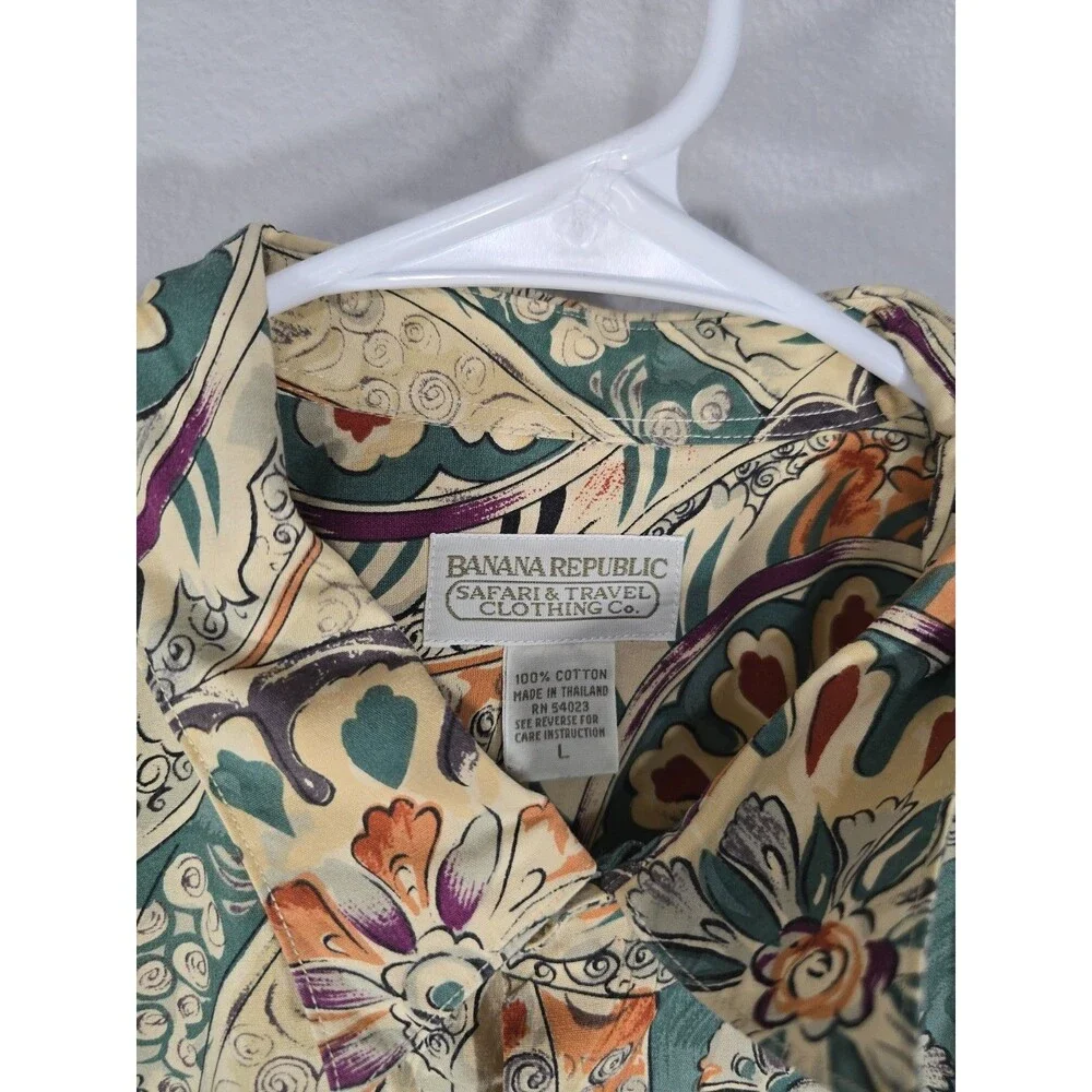 Vintage Banana Republic Safari & Travel Shirt Green Floral 80s Grandpacore